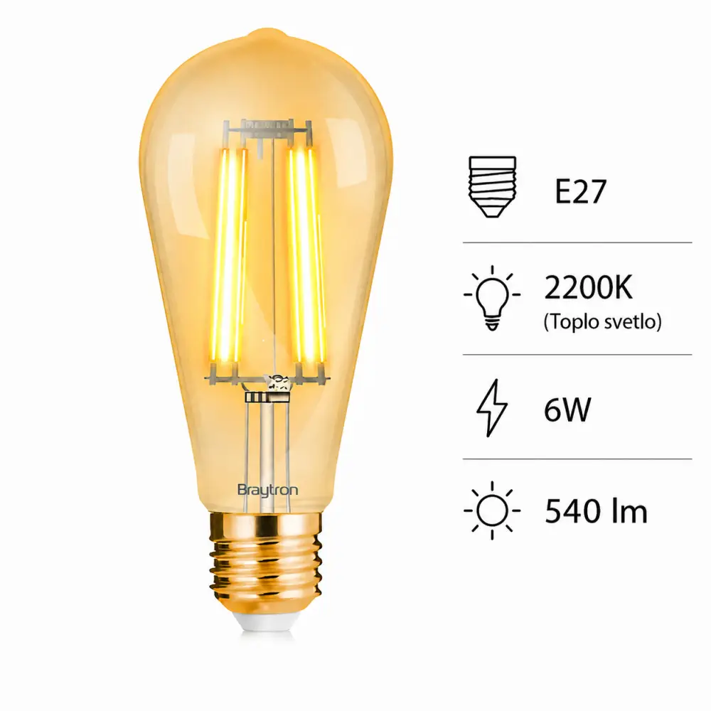 Braytron BB46-00620 | Filament sijalica | E27 | 6W | 2200K - Slika 4